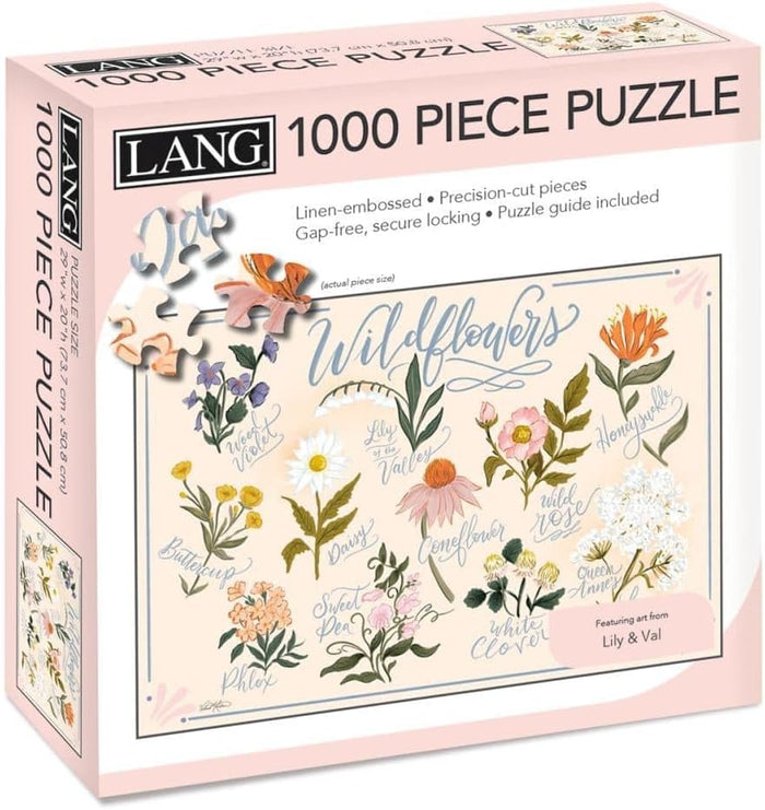 A Lang 1000-piece jigsaw puzzle box titled 'Wildflowers,' showing a floral illustration on the front with the brand name Lang and product details.