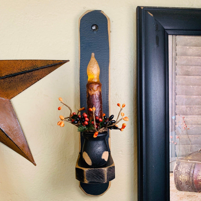 12" Black Wood Sconce - 4" Mustard Grungy Timer Taper Candle Primitive Mix- Primitive Star Quilt Shop