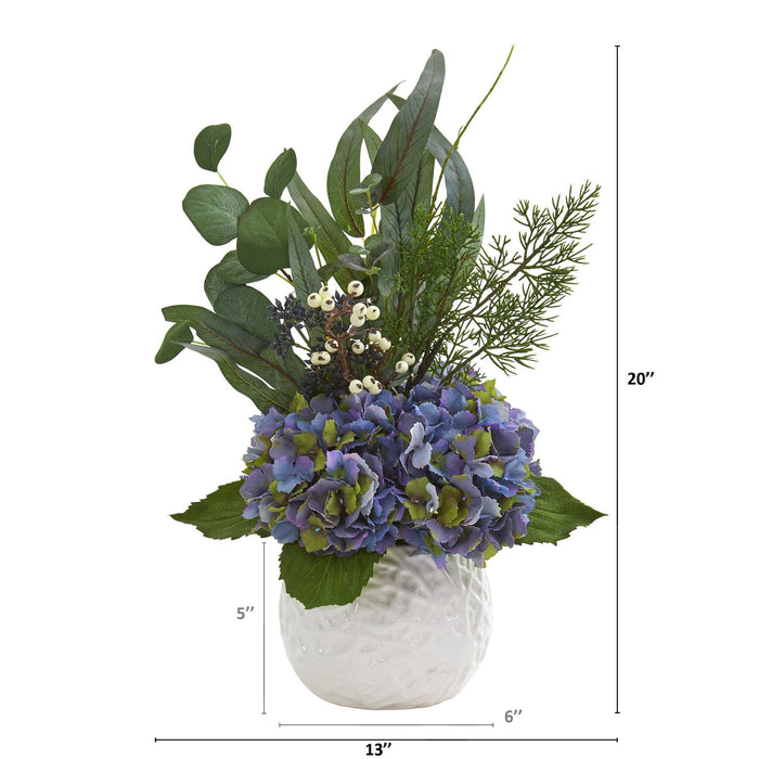 20” Hydrangea and Eucalyptus Artificial Arrangement in White Vase