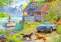 ravensburger summer lake house jigsaw puzzle of Scenic lakeside house with a vintage car and dogs
