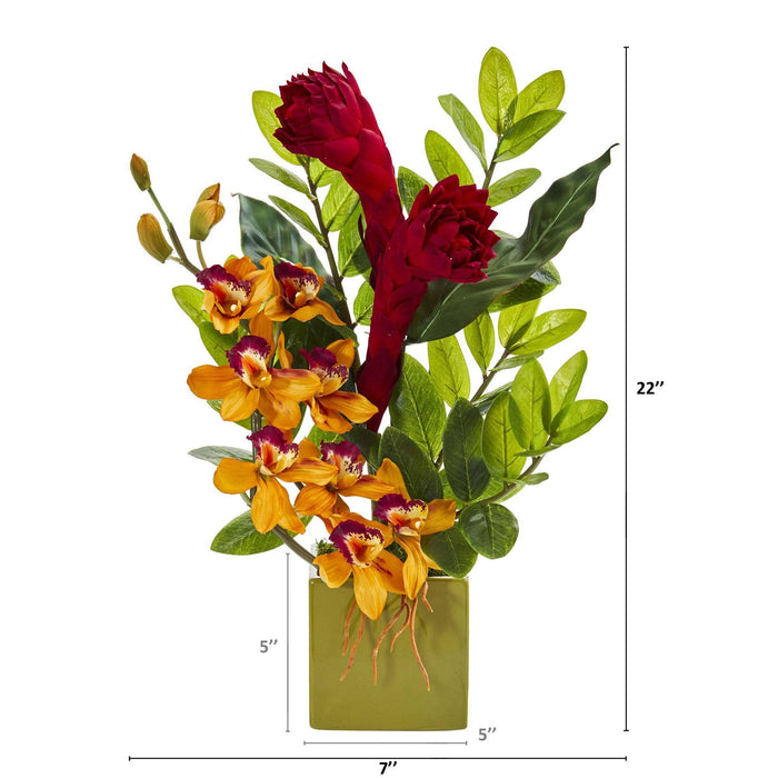 22” Cymbidium Orchid, Ginger and Zamioculcas Artificial Arrangement in Green Vase