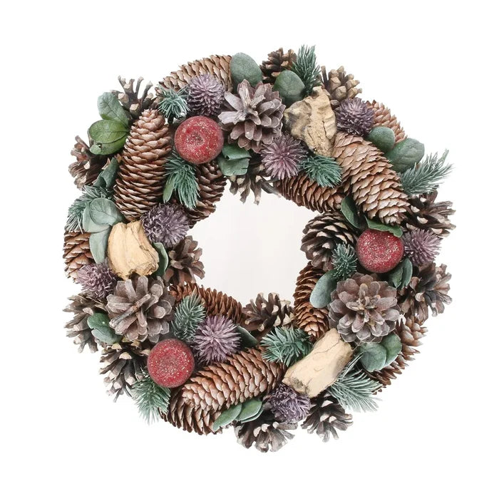 30cm Green/Lilac Cone and Red Apple Boxed Wreath -  Christmas Artificial Xmas