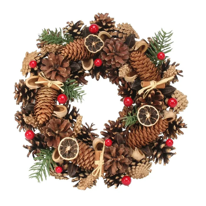 30cm Red Berry, Cone and Fruit Boxed Wreath -  Christmas Artificial Xmas