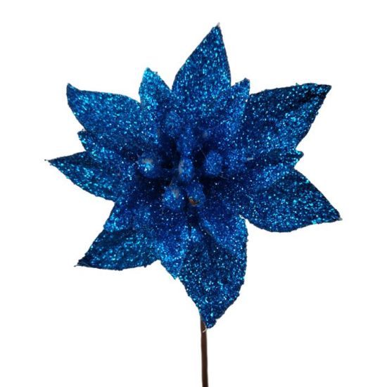 48 x 12cm Blue Single Glittered Poinsettia Picks - FULL BOX