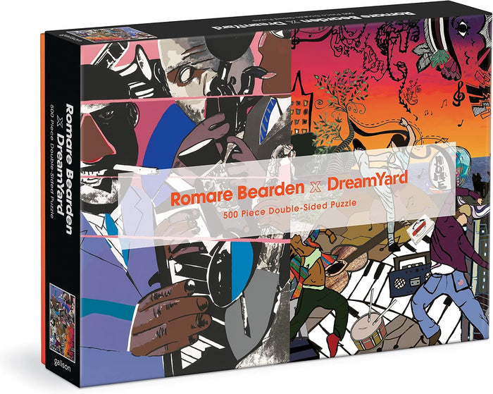 Double-sided puzzle box with colorful abstract designs and 'Romare Bearden x DreamYard' branding.