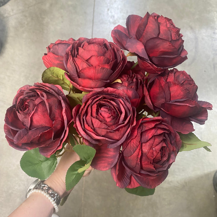 Le Fleur Cabbage Rose Bush (x10) Red 19" - Uncategorized Silk