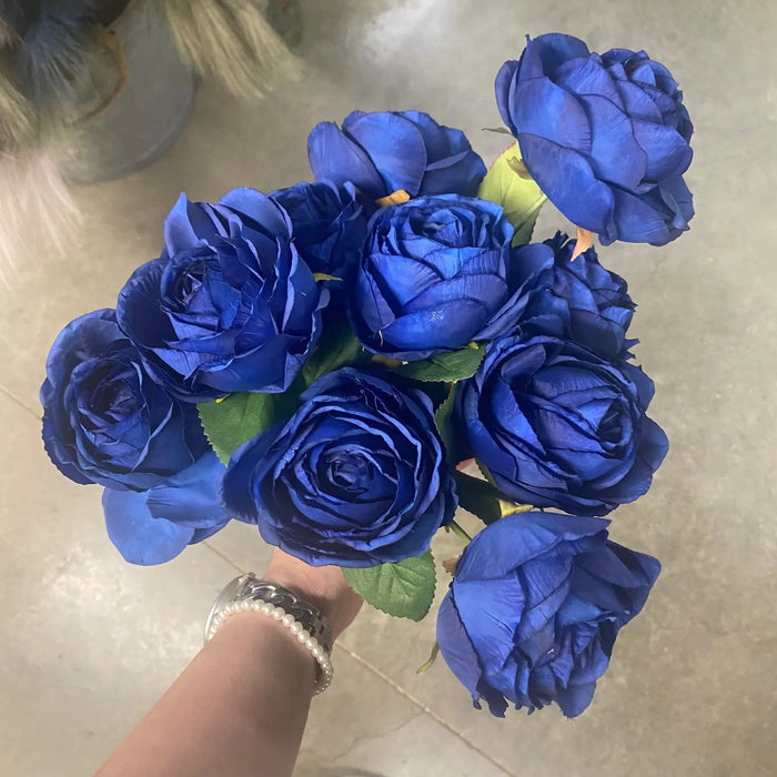 Le Fleur Cabbage Rose Bush Blue 19" - Uncategorized Silk
