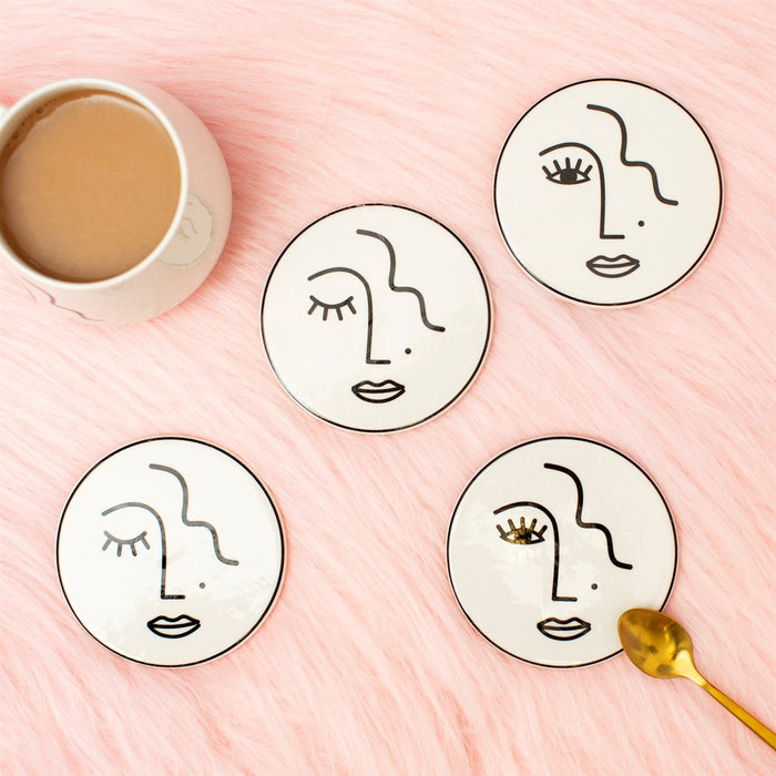 Abstract Face White Porcelain Coasters - Set Of 4 - Modern Home Interiors