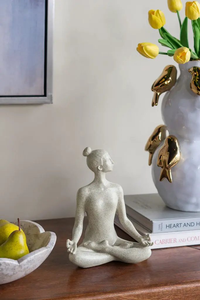 A&B Beige Resin-Stone Yoga Lady Figurine in Cross-Legged Pose 7" x 9" - Figurines Merchandise
