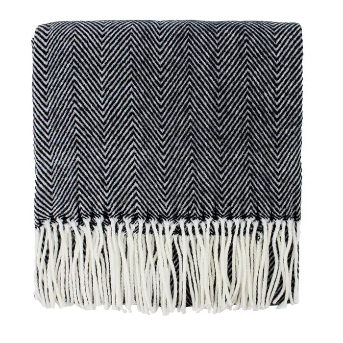 Black Herringbone Fringed Throw Blanket