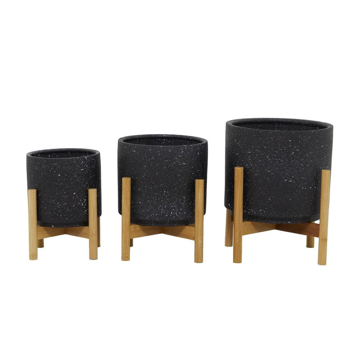 Deco Marché Black Speckled Ceramic Planter with Removeable Bamboo Stand Large 12" - Planters Merchandise