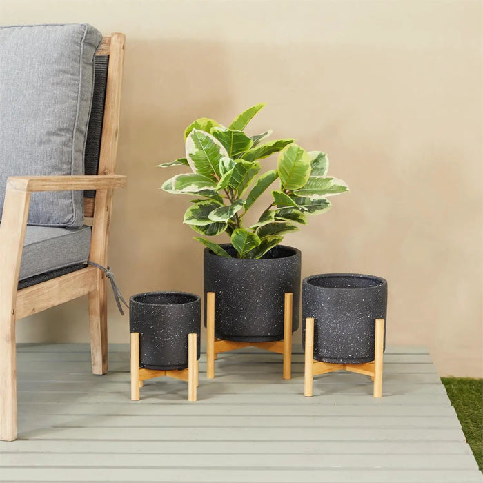 Deco Marché Black Speckled Ceramic Planter with Removeable Bamboo Stand Small 9.45"H - Planters Merchandise