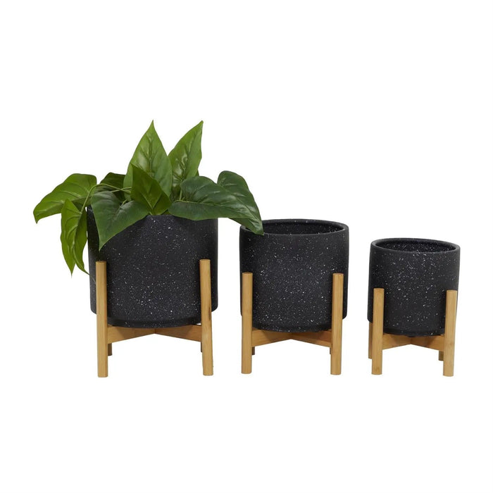 Deco Marché Black Speckled Ceramic Planter with Removeable Bamboo Stand Small 9.45"H - Planters Merchandise
