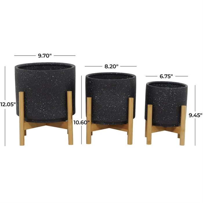 Deco Marché Black Speckled Ceramic Planter with Removeable Bamboo Stand Small 9.45"H - Planters Merchandise