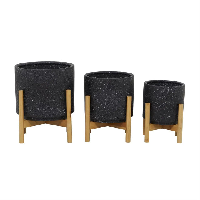 Deco Marché Black Speckled Ceramic Planter with Removeable Bamboo Stand Small 9.45"H - Planters Merchandise