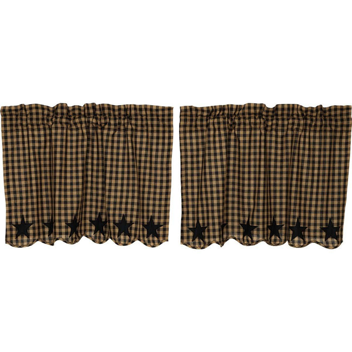 Black Star Scalloped Lined Tier Curtains 24" - Primitive Star Quilt Shop