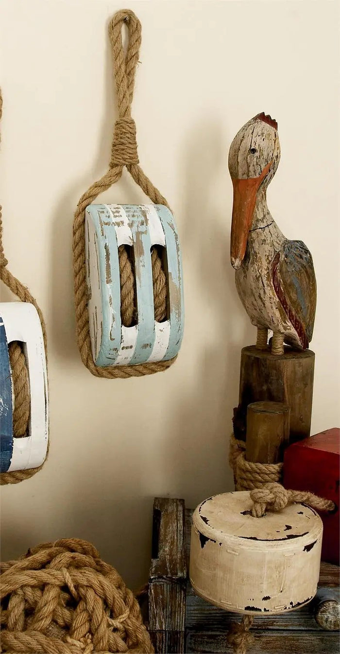 Deco Marché Blue Wood Rope Pulley 14"H x 5"W - Uncategorized Merchandise