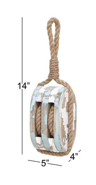 Deco Marché Blue Wood Rope Pulley 14"H x 5"W - Uncategorized Merchandise