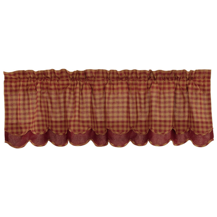 Burgundy Check Scalloped Layered Lined Valance 60" - Primitive Star Quilt Shop