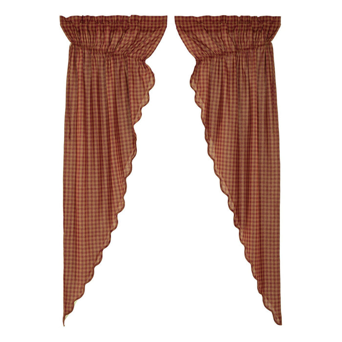 Burgundy Check Scalloped Lined Long Prairie Curtains 84" - Primitive Star Quilt Shop