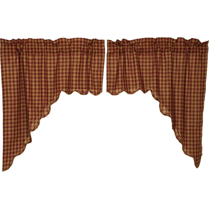 Burgundy Check Scalloped Lined Swag Curtains - Primitive Star Quilt Shop