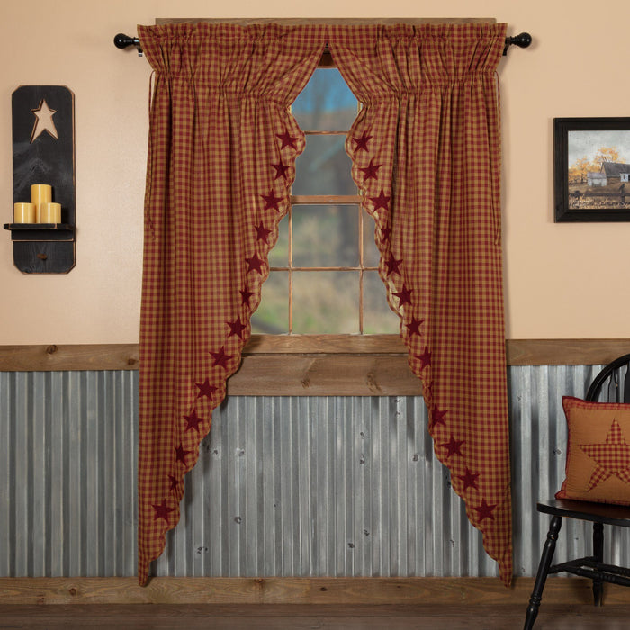 Burgundy Star Scalloped Lined Long Prairie Curtains 84" - Primitive Star Quilt Shop