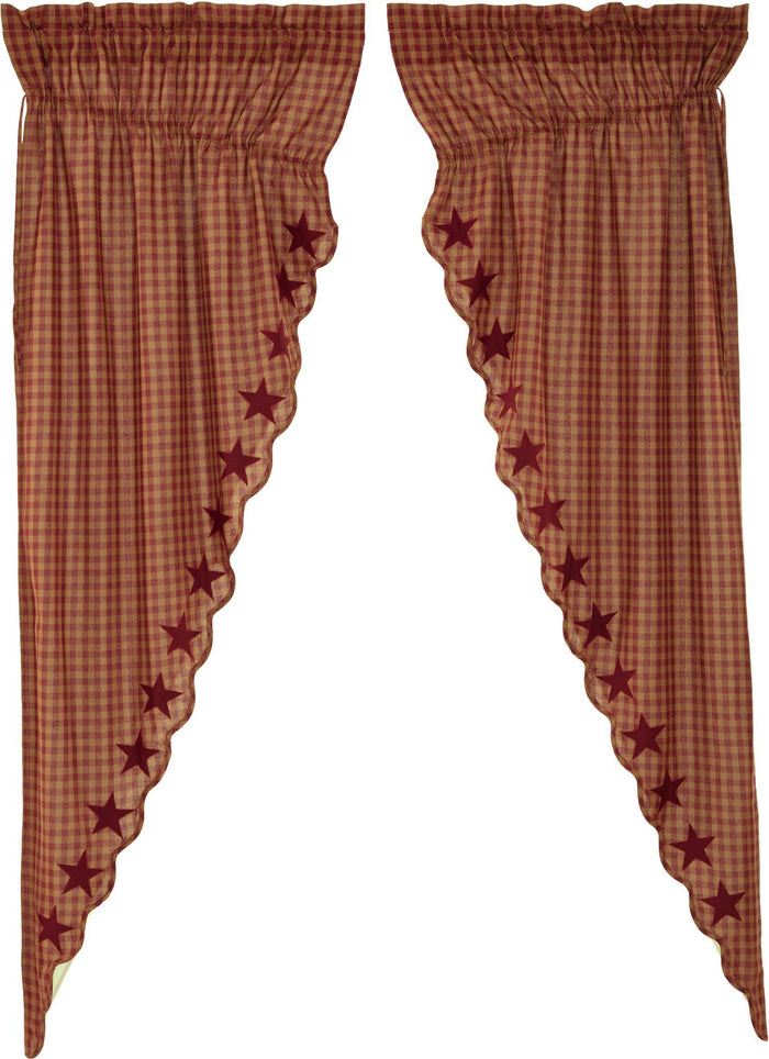 Burgundy Star Scalloped Lined Long Prairie Curtains 84" - Primitive Star Quilt Shop