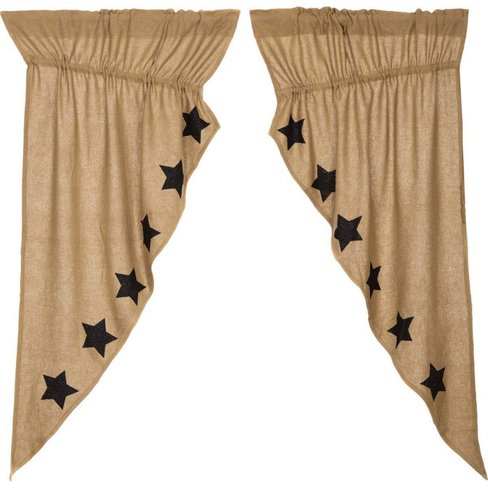 Burlap Natural Black Stencil Star Prairie Curtains 63" - Primitive Star Quilt Shop