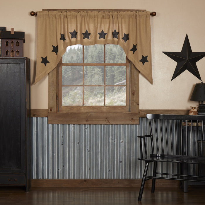 Burlap Natural Black Stencil Star Swag Curtains - Primitive Star Quilt Shop