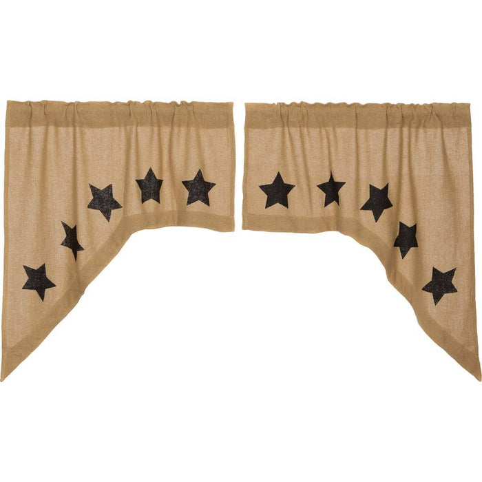Burlap Natural Black Stencil Star Swag Curtains - Primitive Star Quilt Shop