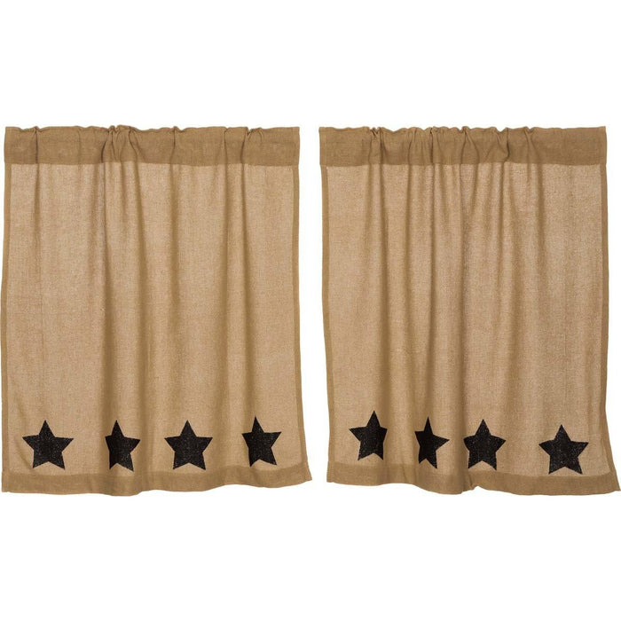 Burlap Natural Black Stencil Star Tier Curtains 36" - Primitive Star Quilt Shop