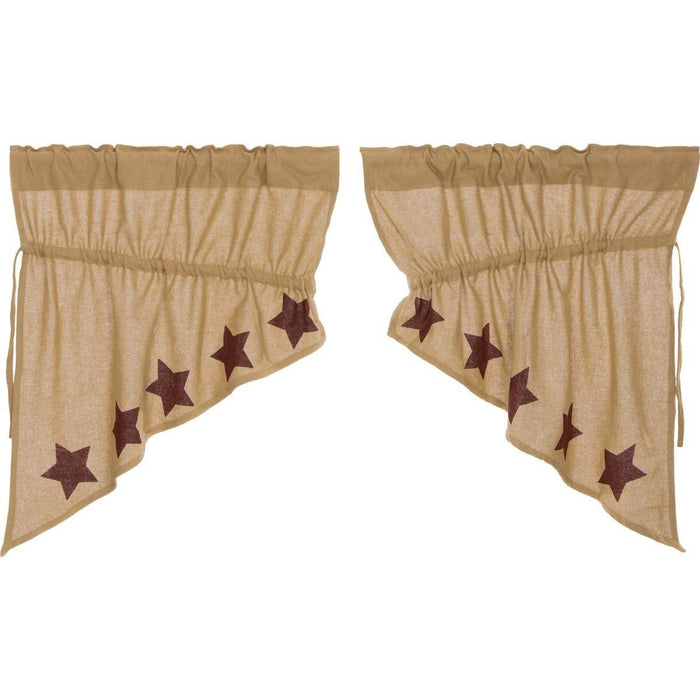 Burlap Natural Burgundy Stencil Star Prairie Swag Curtains - Primitive Star Quilt Shop