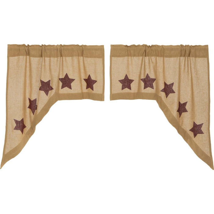 Burlap Natural Burgundy Stencil Star Swag Curtains - Primitive Star Quilt Shop