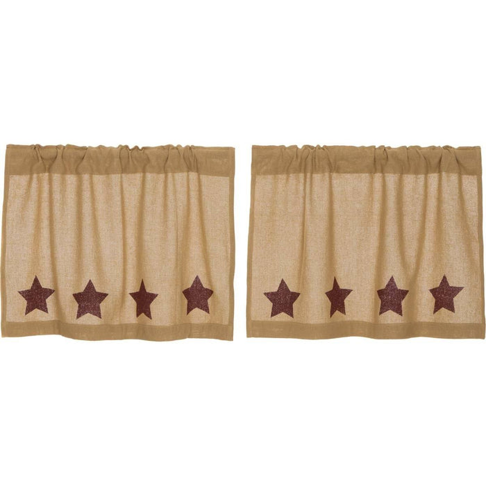Burlap Natural Burgundy Stencil Star Tier Curtains 24" - Primitive Star Quilt Shop