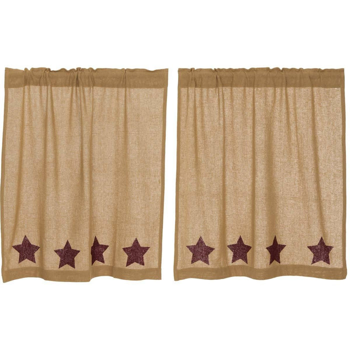 Burlap Natural Burgundy Stencil Star Tier Curtains 36" - Primitive Star Quilt Shop