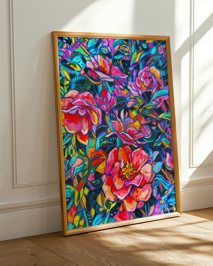 Camellia Bush Art Print on Paper or Canvas - Blue White Decor, Wall Poster