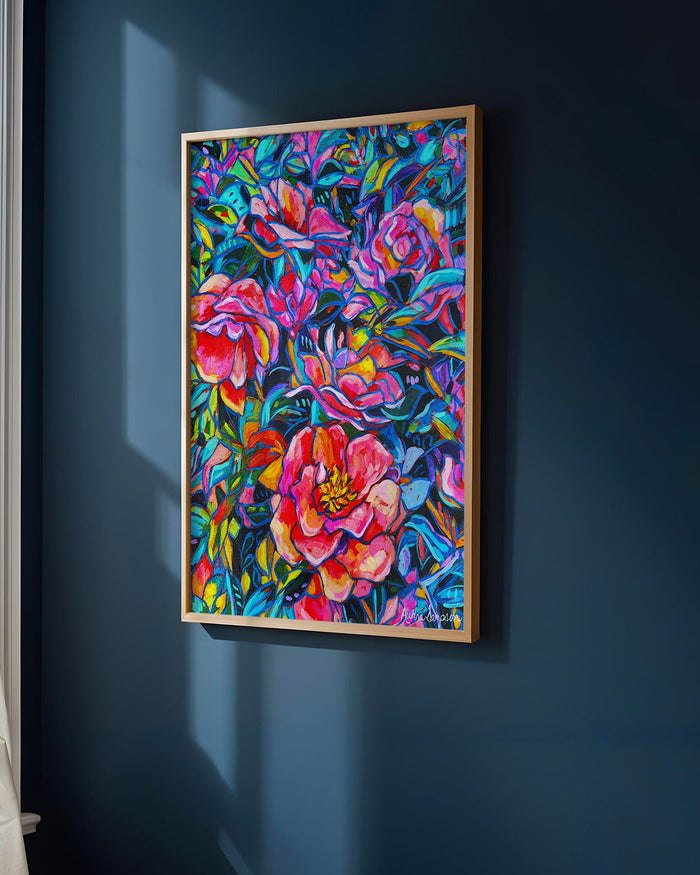 Camellia Bush Art Print on Paper or Canvas - Blue White Decor, Wall Poster