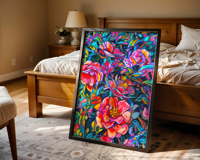 Camellia Bush Art Print on Paper or Canvas - Blue White Decor, Wall Poster