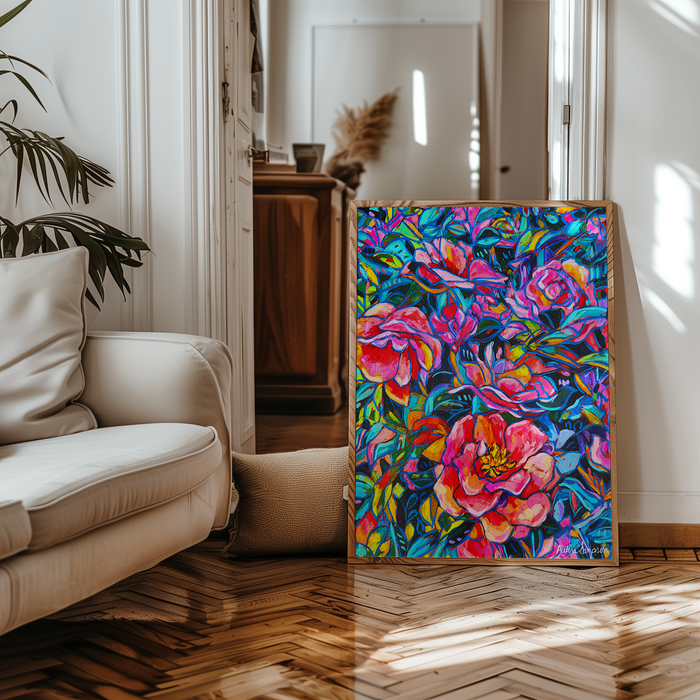 Camellia Bush Art Print on Paper or Canvas - Blue White Decor, Wall Poster