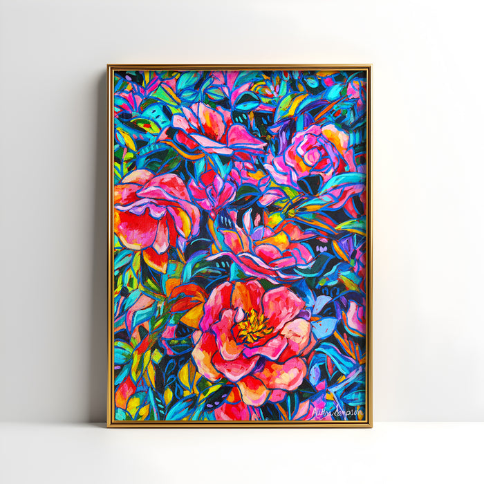 Camellia Bush Art Print on Paper or Canvas - Blue White Decor, Wall Poster