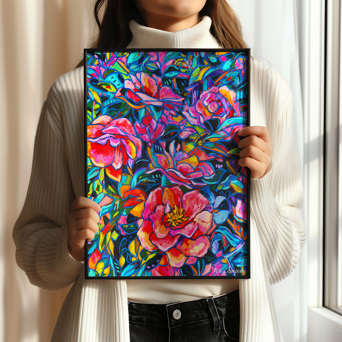 Camellia Bush Art Print on Paper or Canvas - Blue White Decor, Wall Poster