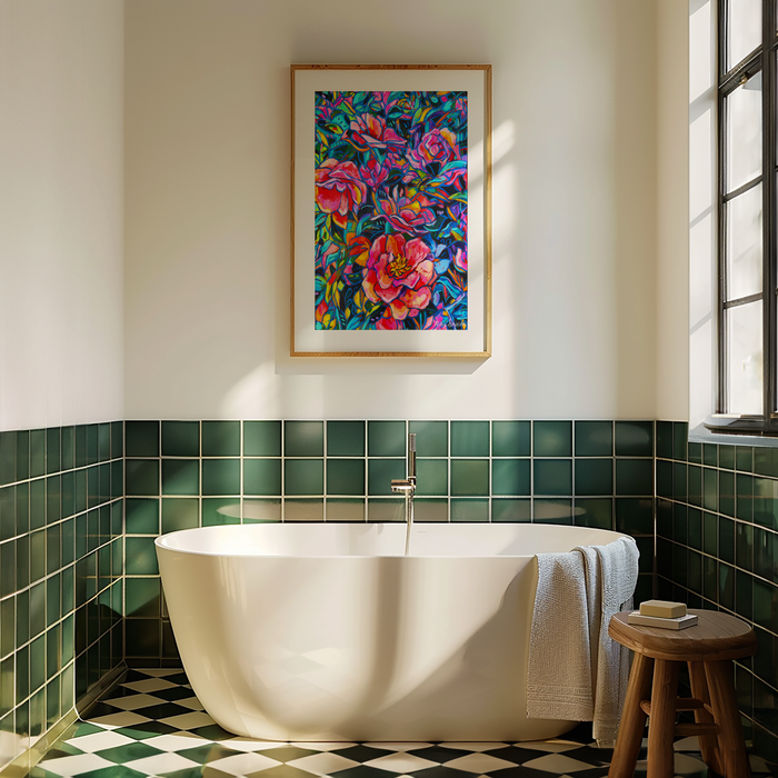 Camellia Bush Art Print on Paper or Canvas - Blue White Decor, Wall Poster