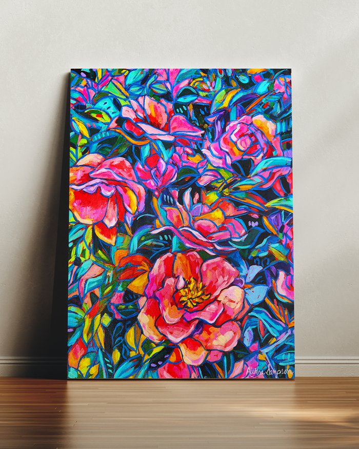 Camellia Bush Art Print on Paper or Canvas - Blue White Decor, Wall Poster
