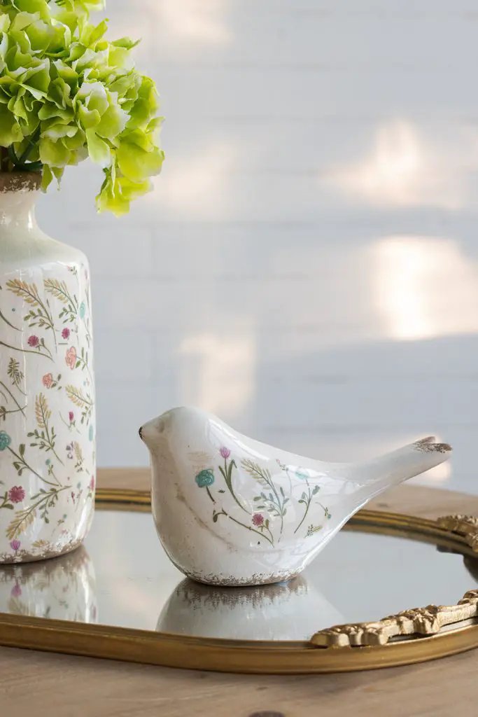 A&B Ceramic Floral Print Bird Figurine 8" x 4.5" - Figurines Merchandise
