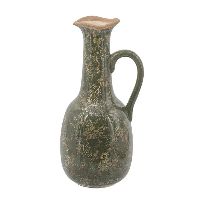 Ceramic Olive Green Floral Motif Pitcher Vase Large 7" x 6" x 14"