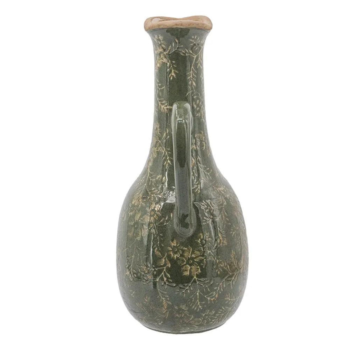 Ceramic Olive Green Floral Motif Pitcher Vase Large 7" x 6" x 14"