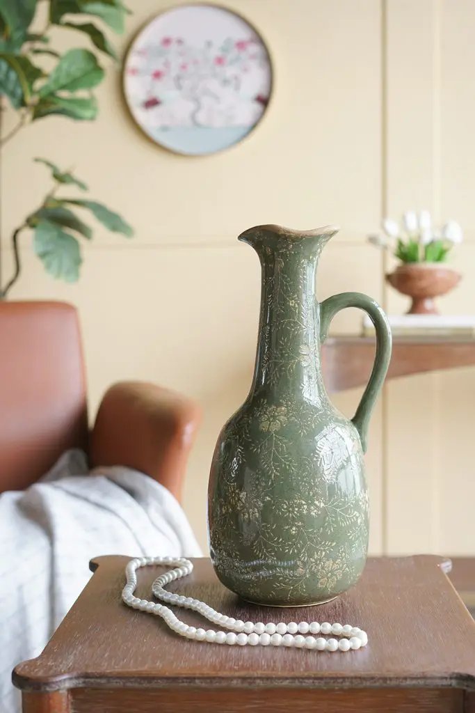 Ceramic Olive Green Floral Motif Pitcher Vase Large 7" x 6" x 14"