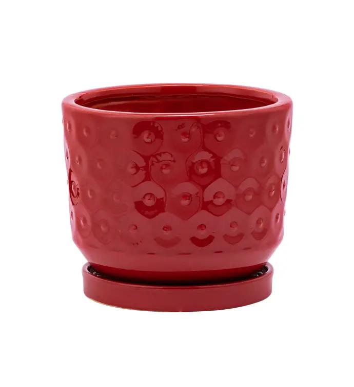 Napco Ceramic Red Prism Planter with Saucer 4" x 4.75" - Merchandise