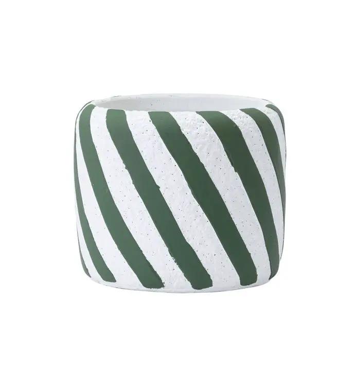 Napco Concrete Green/White Diagonal Stripe Planter Small 4.5"D x 4"H - Planters Merchandise