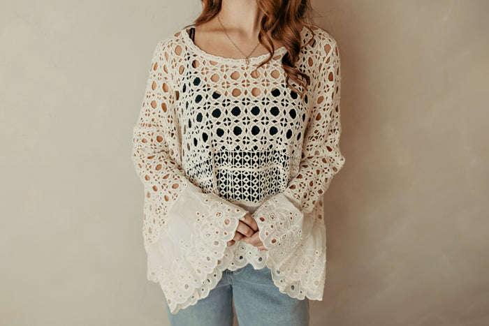 Crochet Flowy Top Eyelet Contrast Scalloped Edge